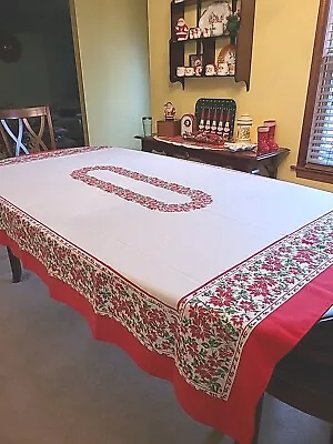 FLAWS Vintage Rectangle 59  X 80  Christmas Tablecloth Poinsettia Holiday Print • $17