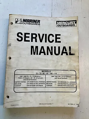 Mercury Mariner Outboard 70 3CYL 100 115 4CYL Service Manual 90-13645-2 1991 Bn7 • $24.95