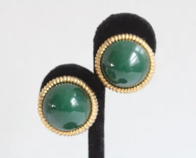 Vintage Kenneth Jay Lane KJL Green Domed Gold Tone Clip Earrings • $89.99