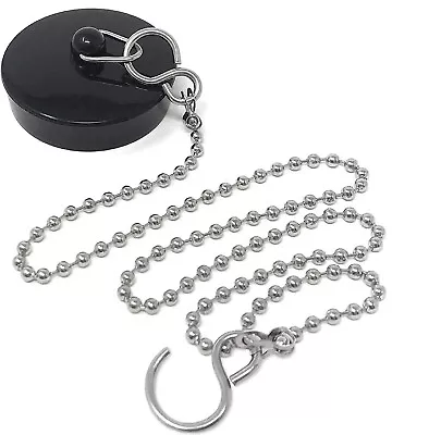 Black Rubber 45mm Bath Plug & 18” Chain – Universal Replacement Bathroom Stopper • £2.89