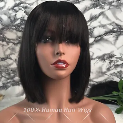 Short Bob Wigs With Bangs 100% Human Hair Glueless Top L Lace Full Head Wigs USA • $51.80