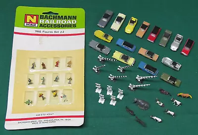 Vintage Lot Of Bachmann N-Scale Model Train Figures Cars RR Signs & Livestock • $24.95