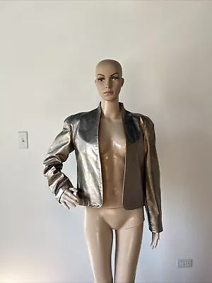 $40 • Buy Vintage 80s Vakko Made In USA Metallic Gold Leather Crop Jacket Padded Shoulders