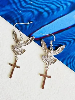 £39.99 • Buy Hawk Eagle Fly Wing Cross Retro Long Drop Hoop Pierce Earrings, Silver Women Her