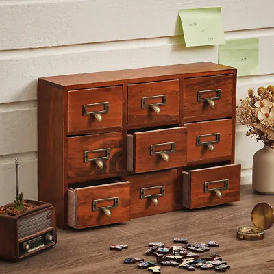 Vintage Tabletop/Wall Mounted Wood 9 Cube Drawers Shadow Box Curio Storage Boxes • £22.95