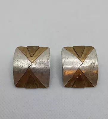 Marjorie Baer Two Tone Silver & Brass Domed Rectangle Clip-On Earrings Signed • $20