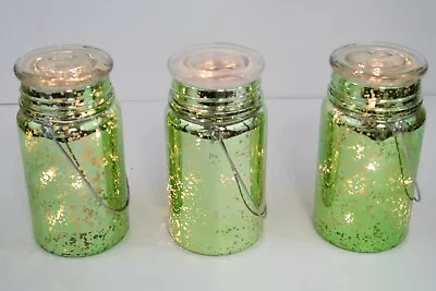 Valerie S/3 Mercury Glass Lit Mason Jars Timer Green Starry Firefly Fairy Light • $17.97