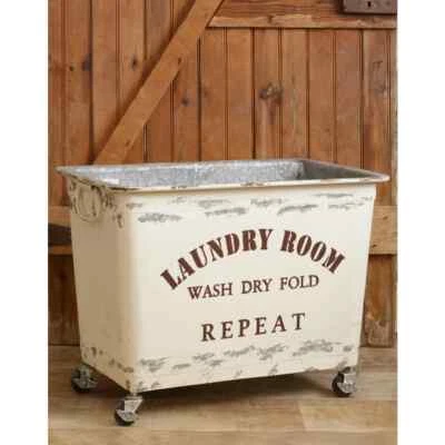 $199.99 • Buy New Primitive Vintage Farmhouse LARGE AGED LAUNDRY ROOM CART Metal Bin Wheels