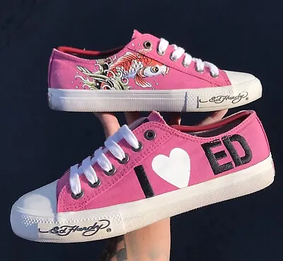 Ed Hardy I Love EH Koi Fish SHOES Sneakers Hot Pink Canvas Women’s Size 9 • $35