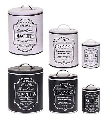 Set Of 3 Metal Biscuits Coffee Sugar Canisters Kitchen Storage Tin 2 Colours • £13.99