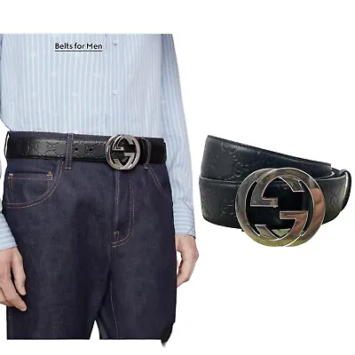 Gucci Interlocking G Buckle Signature Leather Belt GG Logo Black Men Size 90/36 • $396