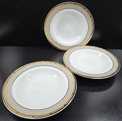 3 Mikasa Cambridge Rim Soup Bowls Set Gold Gray Bands Y0501 Fine China Dish Lot • $39.97
