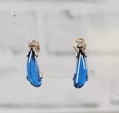 Vintage Blue Spinel Diamond 14K Yellow Gold Drop Earrings Retro Luxury Pretty • $348