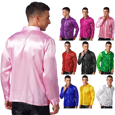 Turn-Down Collar Mens Dance Shirt Long Sleeve Button Down Shirts Sparkly Jazz • $14.87