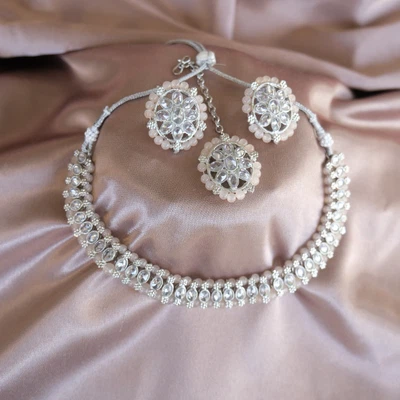 $45 • Buy Australia Based Indian Bollywood Baby Pink Kundan Mirror Necklace Set, Earrings