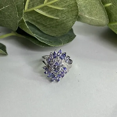 Sterling Silver Tanzanite Swirl CZ Cluster Ring Signed JS 925 China Size 8 • £38.56