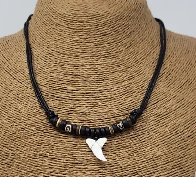 Fossil Shark Tooth Pendant Surfer Necklace For Men | Wood Beads • $17.95