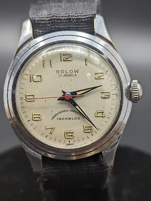 Vintage Military SOLOW Men Watch Incabloc Red Seconds Hand 17j MECHANICAL WIND • $35