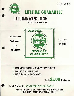 $9.99 • Buy Vintage 1968 QUAKER STATE  LIFETIME GUARANTEE LIGHTED SIGN  Jobber SELL SHEET 
