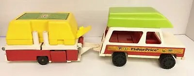 1979 Fisher Price Little People PLAY FAMILY CAR & CAMPER Tent Boat 992 Vintage • $52.84