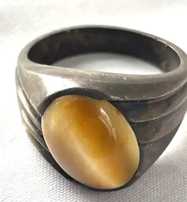 Mcm Vintage Mens Sterling Silver Cats Eye Ring Size 9.5- Free Ship • $125