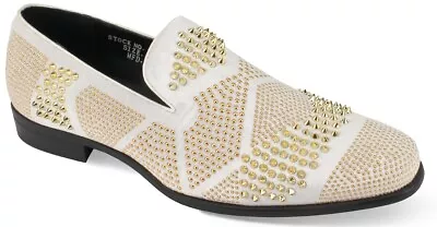Men's Dress Casual Smoker Fancy Shoes Slip On Loafer White / GOLD Spikes OZZY • $79.99