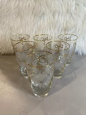 6 Vintage Tumblers Drinking Glasses White Roses Gold Bows Gold Rims  Libby • $34