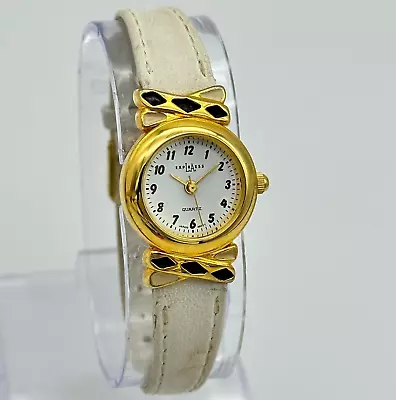 Vintage 1990s Ladies LA EXPRESS Gold Tone White/Black Accent White Leather Watch • $13.99