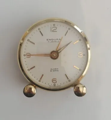 Vintage Endura 7 Jewels  Alarm 8 Days Round Gold Tone Clock Switzerland AS IS • $74.99
