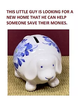 Htf Vintage Adorable Mini Puppy/dog White And Blue Piggy Bank - No Stopper Plug • $15.99