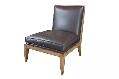 Vintage Swaim Modern Brown Leather Armless Oak Slipper Lounge Club Reading Chair • $1440