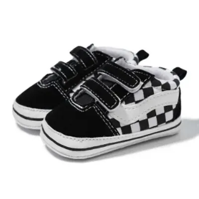 Vans Style Canvas Newborn Baby Shoes Pram Shoes Black White Checked 0-6 Months • £10.99