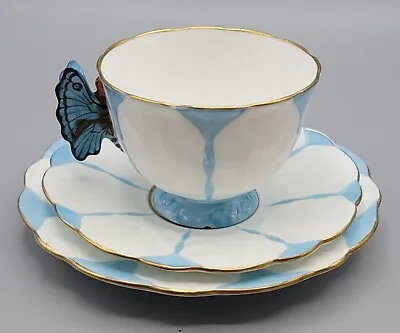RARE ART DECO AYNSLEY BLUE BUTTERFLY HANDLE TEA  CUP & SAUCER  Trio 1930's F • £500