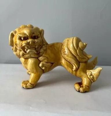 Vintage Yellow Glazed Ceramic Foo Dog Guardian Lion Figurine 8  Tall • $175