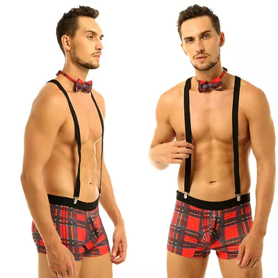 Men Plaid Tuxedo Y Back Braces Suspender Bodysuit Boxer Briefs Schoolboy Costume • $13.33