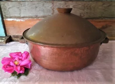 Antique Copper Cooking Pot Moroccan Lrg Lidded Tin Lining Handmade Jardiniere • $139.99