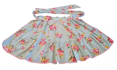 Vintage Half Apron One Pocket Pink Trim Blue With Red & Pink Floral Print • $5.25