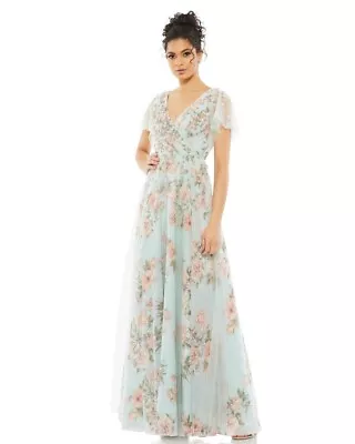 MAC DUGGAL SHORT SLEEVE FLORAL WRAP GOWN Blue Multi Size 12 $798 • $280