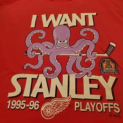 Vintage 1995 Detroit Red Wings Hockey T Shirt I Want Stanley Al Octopus Large L  • $32.99