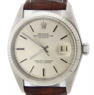 Mens Rolex Datejust 1601 Stainless Steel 18K White Gold Watch Silver Dial Brown • $3869.98