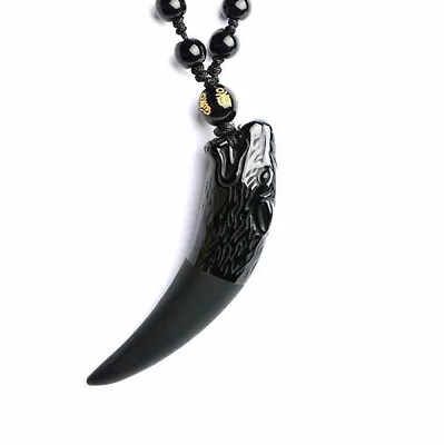  Black Obsidian Crystal Wolf Tooth Necklace Pendant With 24in. Bead Chain • $9.95