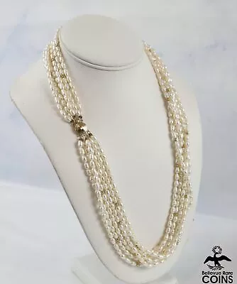 14k Yellow Gold & Baroque Rice Pearl Multi-Strand 24.5  Necklace W/Box Clasp • $0.99