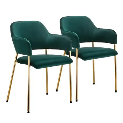 2* Green Velvet Dining Chairs Golden Leg Armchairs Kitchen Restaurant Cafe • £119.99