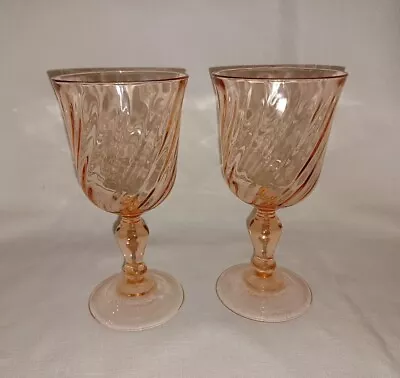 Vintage Rosaline Pink Glass Swirl Optic Pattern France Goblet Set Of 2 • $20