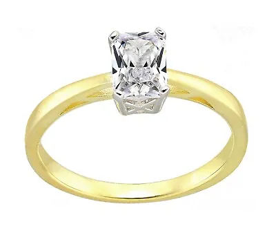 9ct Gold On Silver 1.00ct Emerald Cut Cz Solitaire Engagement Ring Sizes J - V • £19.95