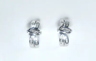 *VINTAGE*  14K White Gold Round & Baguette Diamond Huggie Earrings Approx .50ctw • $449