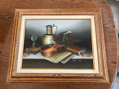Vintage Oil Painting On Canvas Signed Frank Lean Violin Framed 17” X 22” Large • $48