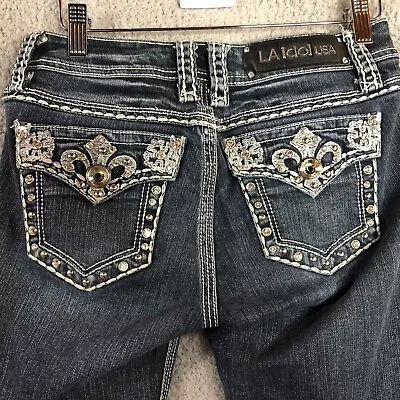 LA Idol Jeans Womens 5  27 Distressed Fleur De Lis Rhinestone Flap Pockets Capri • $19.99