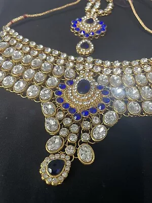 Indian Bollywood Style Fashion Gold Plated Bridal Jewelry  Blue Necklace Set • $45