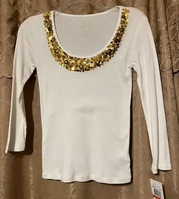 Michael Kors White Knit Top With Gold Sequins Women's Size Petite New With Tags • $13.99